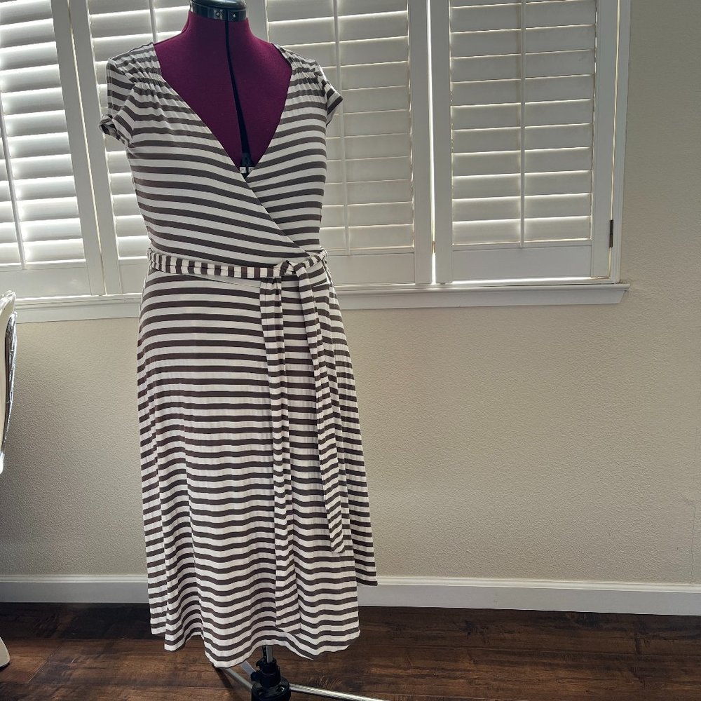 Wrap around dress with brown and white stripes
